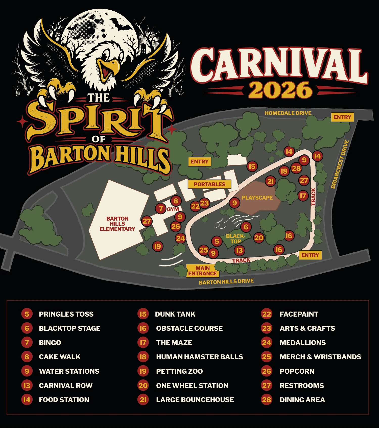 Carnival grounds map showing locations of attractions and entrances